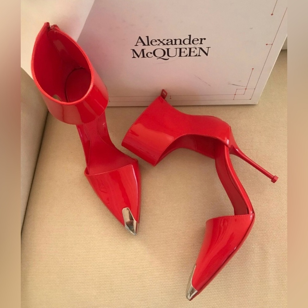 Alexander McQueen Glossy Red Heels with Silver Tips
